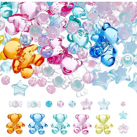 Arricraft 350 Pcs 6mm Transparent Faceted Rondelle Acrylic Beads, 8mm Multicolor Crackle Beads, Candy Color Bear Flower Star Spacer Loose Beads for Bracelets Necklaces Jewelry Making Supplies