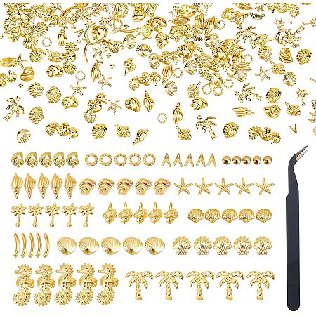 PandaHall Elite 900pcs 18 Styles Nail Studs Gems, 3D Nail Decorations Charms Tree Starfish Eiffel Tower Resin Fillers Flatback Cabochon with Tweezers for Nail Resin Supplies Filling Accessory