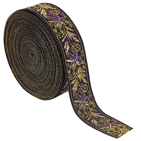 BENECREAT Ethnic Embroidery Polyester Flat Ribbons, Jacquard Ribbon, Flat with Floral Pattern, Goldenrod, 1 inch(25mm)