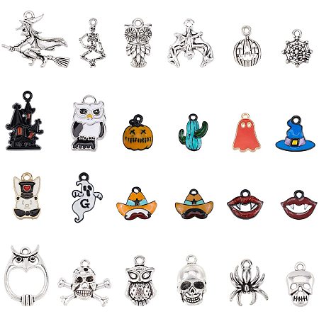 PH PandaHall 48pcs 24 Styles Halloween Charms Pendants Skull Owl Spider Ghost Witch Charms Dangle Beads for Halloween Decoration Hanging Ornaments Jewelry Making