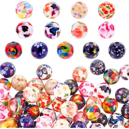 PandaHall 130pcs Round Resin Beads 10mm Colorful Spacer Beads Braclet Necklace Beads Flower Leaf Butterfly Loose Beads for Jewelry Making, Hole 2mm, 13 Color
