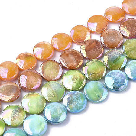 Honeyhandy Freshwater Shell Beads Strands, AB Color Plated, Dyed, Flat Round, Mixed Color, 10~11.5x3~4mm, Hole: 1mm, 34pcs/strand, 15.15 inch