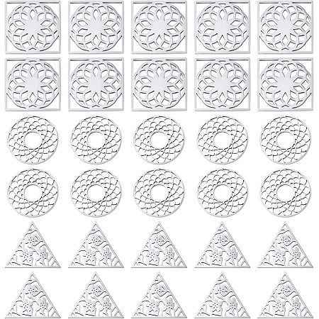 DICOSMETIC 30Pcs 3 Styles Stainless Steel Filigree Joiners Links Flat Round with Flower Links Square with Flower of Life Connectors Triangle with Flower Links for DIY Jewelry Making