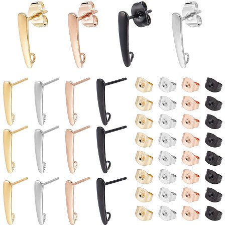 PandaHall Elite Stud Earring with Loop, 32pcs(16 Pairs) 4 Colors 304 Stainless Steel Earring Post Ear Studs Findings with 32pcs Butterfly Ear Nuts for DIY Earring Jewelry Making Findings