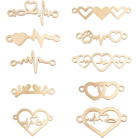 UNICRAFTALE 10Pcs 10 Styles Golden Birds/Heartbeat/Heart Links Connectors Charms 304 Stainless Steel Laser Cut Jewelry Connector Charms 1-1.5mm Hole Double Hole Charms for Bracelets Necklace Making