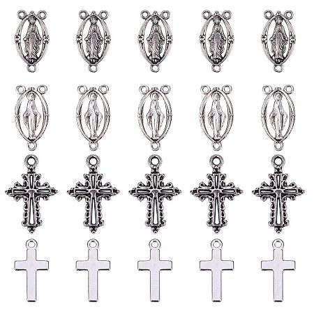 PandaHall Elite 40 pcs 4 Styles Tibetan Silver Rosary Miraculous Medal Oval Center Parts Chandelier Virgin Links Cross Pendant Charms for Jewelry Making, Silver/Antique Silver