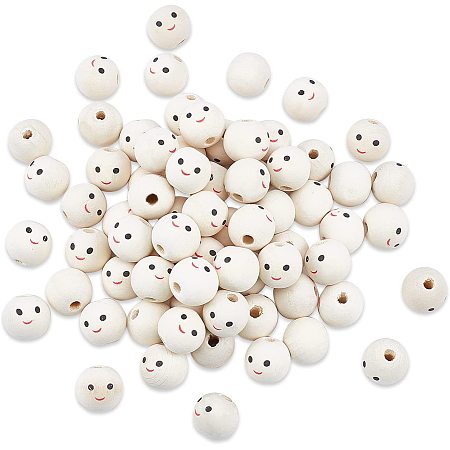 SUPERFINDINGS About 120pcs About 17mm Smile Face Old Lace Maple Wood European Beads Natural Loose Round Beads Undyed Large 5mm Hole Spacer Beads for DIY Crafts Jewelry Making