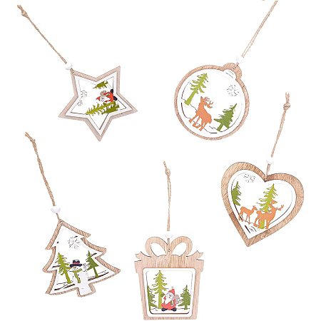 GORGECRAFT 5PCS Medium Christmas Wooden Hanging Ornaments Pendants Reindeer, Santa Claus, Snowman Hollow Slices Tags with Hang String for Xmas Tree or Home Indoor Decorations(3.3-3.9