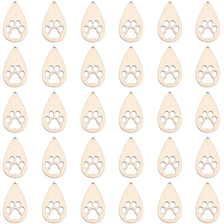 OLYCRAFT 30pcs Teardrop Wood Pendant Hollow Natural Wood Pendants Puppy Dog Paw Prints Teardrop Dangle Earring Jewelry Blanks Charms Pendant for Earring Necklace Jewelry DIY Craft