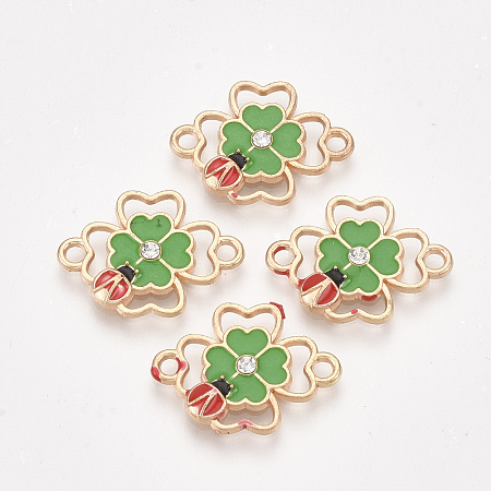 Arricraft Alloy Links/Connectors, with Rhinestone and Enamel, Clover with Ladybird, Golden, Green, 15x20x2mm, Hole: 1.8mm