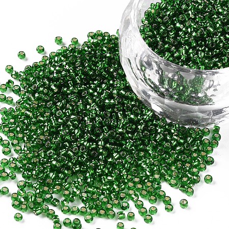FGB 11/0 Transparent Glass Seed Beads, Silver Lined Round Hole, Round, Green, 2x1.5mm, Hole: 0.3mm, about 3000pcs/50g