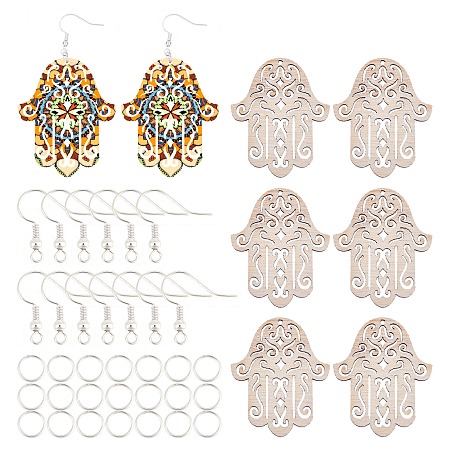 SUNNYCLUE DIY Earrings Kits, with Undyed Wooden Pendants, Silver Plated Brass Earring Hooks, Hamsa Hand/Hand of Fatima /Hand of Miriam, BurlyWood, 48x40x2mm, Hole: 1.5mm