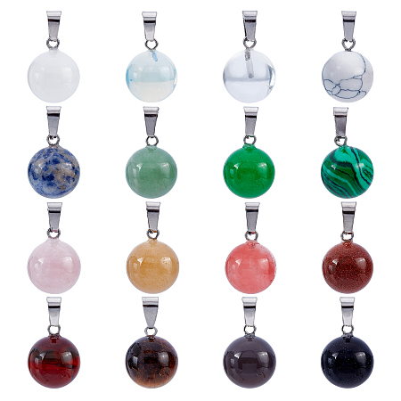 Round Gemstone Pendants, with Platinum Tone Brass Findings, 17~19x13~14mm, Hole: 2x7mm; 16materials, 1pc/material, 16pcs/box