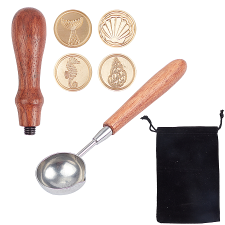 CRASPIRE DIY Scrapbook, Brass Wax Seal Stamp and Wood Handle Sets, with Stamp Head, Iron Wax Sticks Melting Spoon and Rectangle Velvet Pouches, Marine Organism, Platinum & Golden, 150x100mm