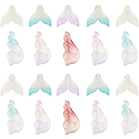Transparent Spray Painted Glass Pendants, with Glitter Powder, Butterfly Wings & Fishtail Shape, Mixed Color, 120pcs/box