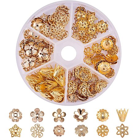 PandaHall Elite About 144 Pcs Brass Flower Bead Caps 12 Styles for Jewelry Making Golden