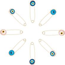 Arricraft 8 Pcs Evil Eye Safety Pins, 4 Colors Alloy & Glass Lucky Eyeball Brooch Charm Golden Colorful Crystal Safety Pins for Clothes Hats Bags Decoration