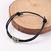 Honeyhandy Adjustable Cowhide Leather Cord Bracelets, with Alloy Findings, Antique Silver, Black, 55mm