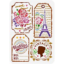 FINGERINSPIRE Vintage Stamp Labels Stencil 8.3x11.7inch Reusable 4 Styles Retro Stamp Pattern Painting Template DIY Craft Vintage Theme Stencil for Painting on Wood Wall Fabric Paper Furniture