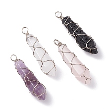 Honeyhandy Natural Mixed Gemstone Pointed Pendants, with Platinum Tone Copper Wire Wrapped, Faceted Bullet Charm, 37~40.5x9~9.5x9mm, Hole: 2.5~3.5mm