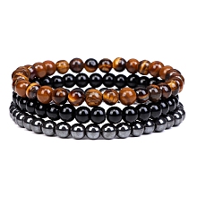 Honeyhandy 3Pcs 3 Style Natural Tiger Eye & Black Agate & Hematite Round Beaded Stretch Bracelets Set, Gemstone Stackable Bracelets for Woman, Wide: 6mm, 7-1/4~7-1/2 inch(18.5~19cm), 1Pc/style