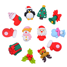 22Pcs 11 Style Resin Cabochons, Christmas Theme, Santa Claus & Christmas Tree & Snowman & Jingle Bell & Gift & Bear & Elk & Flower & Stocking & Penguin & Glove, Red, 25x15mm