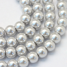 Baking Painted Pearlized Glass Pearl Round Bead Strands, LightGrey, 6~7mm, Hole: 1mm; about 145pcs/strand, 31.4 inches