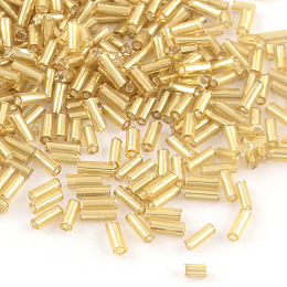 Honeyhandy Tube Glass Bugle Beads, Silver Lined, Light Khaki, 4~4.5x2mm, Hole: 1mm, about 1556pcs/50g