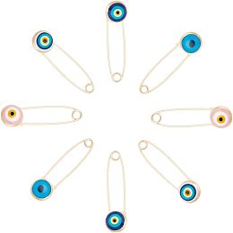 Arricraft 8 Pcs Evil Eye Safety Pins, 4 Colors Alloy & Glass Lucky Eyeball Brooch Charm Golden Colorful Crystal Safety Pins for Clothes Hats Bags Decoration