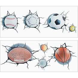 GORGECRAFT 1 Set 2 Sheets 3D Sport Balls Wall Decals Break Through The Wall Removable Vinyl DIY Wall Stickers Sports Peel and Stick Football Rugby Wall Decor for Classroom Playroom Bedroom (26×70cm)