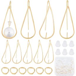 CREATCABIN 12Pcs 18K Gold Plated Brass Earring Hooks Teardrop Ear Wire Connector Leaf Earring Hooks Dangle with 50Pcs Jump Ring 100Pcs Rubber Ear Nuts for Half Drilled Bead DIY Jewelry Making Supplies