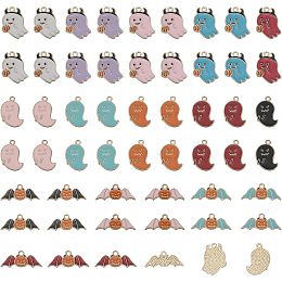 CHGCRAFT 56Pcs 14 Styles Halloween Theme Ghost Bat Alloy Enamel Pendants for Bracelet Necklace DIY Craft Jewelry Making, Mixed Color