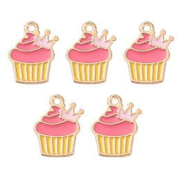 Honeyhandy Alloy Enamel Pendants, Light Gold, Cadmium Free & Lead Free, Cake with Crown Charm, Hot Pink, 17x13x2mm, Hole: 1.4mm