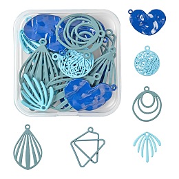 Arricraft 24Pcs 6 Style Blue Series Spray Painted Alloy Pendants, Oval & Fan & Branch & Geometric & Heart, Mixed Color, 19~33x18.5~27x1~3mm, Hole: 1.6~2mm, 4pcs/style