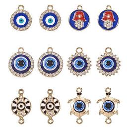 DIY Evil Eye Jewelry Making Finding Kit, Including Alloy Crystal Rhinestone & Connector Charms, Flat Round & Tortoise, Light Gold, 13~24.5x14~23x1.5~4.5mm, Hole: 1.4~2.5mm, 24Pcs/box