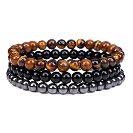 Honeyhandy 3Pcs 3 Style Natural Tiger Eye & Black Agate & Hematite Round Beaded Stretch Bracelets Set, Gemstone Stackable Bracelets for Woman, Wide: 6mm, 7-1/4~7-1/2 inch(18.5~19cm), 1Pc/style