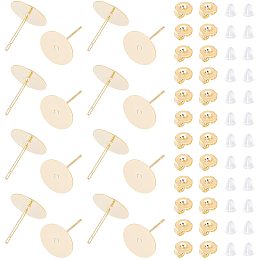 DICOSMETIC 80pcs 10mm 304 Stainless Steel Flat Pad Earring Studs Disc Stud Earring Golden Stud Earrings with Butterfly/Plastic Ear Nuts for Jewelry Making,Pin:0.8mm