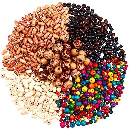 PandaHall Elite 890pcs 19 Styles Wood Beads Natural Color Printed Wood Beads Multi-Color Wooden Spacer Beads for Jewelry Making DIY Bracelet Necklace Hair Crafts, Hole: 1.5~7mm