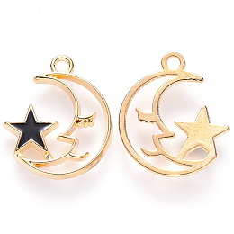 Honeyhandy Alloy Enamel Pendants, Moon with Star, Light Gold, Black, 19x17x2mm, Hole: 1.6mm