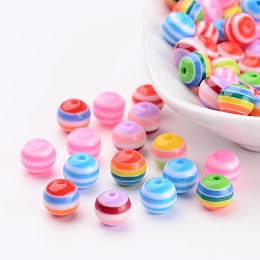 Honeyhandy Round Resin Stripe Beads, Mixed Color, 8mm, Hole: 2mm