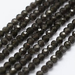 Arricraft Natural Obsidian Beads Strands, Faceted, Round, 2mm, Hole: 0.5mm,  about 175pcs/strand, 14.9 inches(38cm)