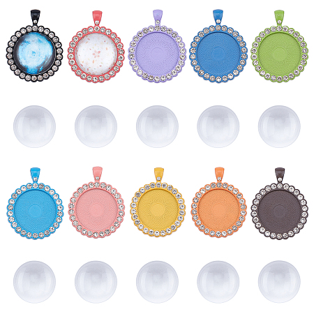 SUNNYCLUE DIY Pendant Making, with Alloy Pendant Cabochon Settings and Transparent Glass Cabochons, Mixed Color, Tray: 25mm; 43x34x3mm, Hole: 4.5x6.5mm, 10pcs/set