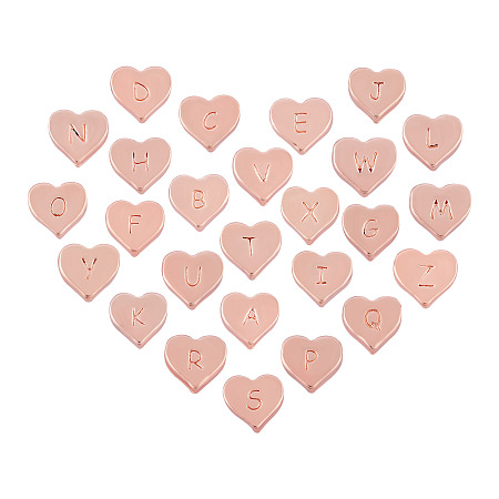 CHGCRAFT Alloy Beads, Heart with Mixed Letters, Rose Gold, 10x10.5x3.5mm, Hole: 1.5mm, 26pcs/set; 1set/box