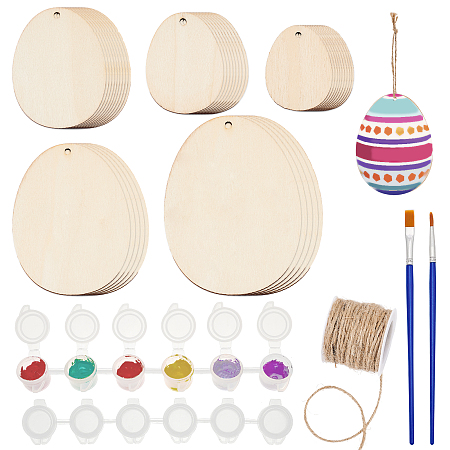DIY Easter Pendant Decoration Making Kits, include Unfinished Wooden Pendants, Hemp Cord, Plastic Empty Paint Palette & Paint Brushes Pens, Mixed Color, Pendants: 40pcs/set