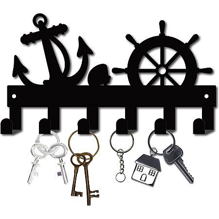 CREATCABIN Metal Key Holder Black Key Hooks Wall Mount Hanger Decor Iron Hanging Organizer Rock Decorative with 6 Hooks Anchor Helm for Front Door Entryway Cabinet Hat Towel 10.6 x 5.9inch