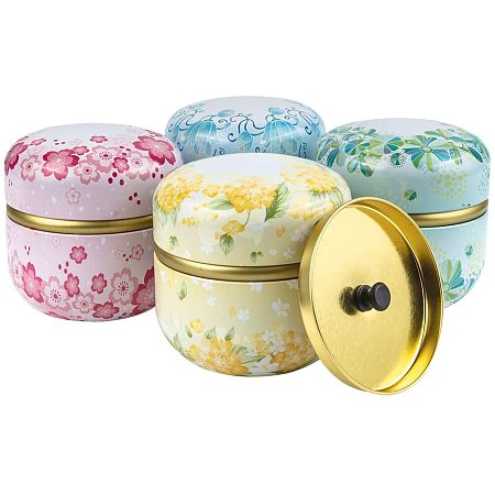 BENECREAT 4 Packs Flower Pattern Round Tinplate Tea Storage Containers with Double Lids for Coffee, Chocolate, Herbs, Candy, Spices