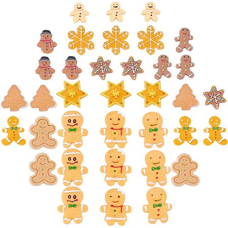 SUNNYCLUE 1 Box 36Pcs 12 Styles Christmas Theme Resin Cabochons Flatback Gingerbread Man Biscuits Tree Snowman Snowflake Ornaments Charms for Cardmaking Scrapbooking Hair Clips Accessories Crafts