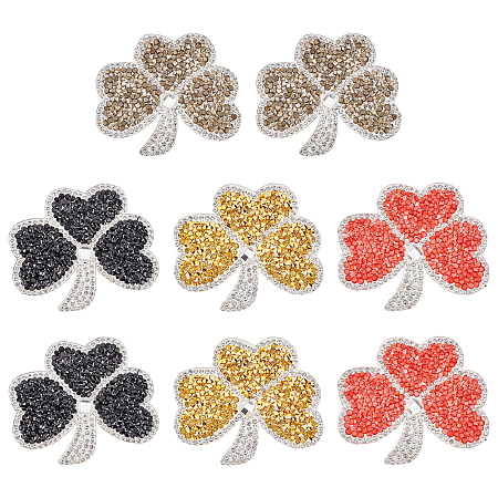 FINGERINSPIRE 8PCS Clover Leaf Rhinestones Iron On Patches (4 Colors, 2.4x2.4x0.1 inch) Lucky Leaf Patch Hotfix Shamrock Patches Embroidery Appliques for Clothing Hat Scarves Pants Arts Crafts
