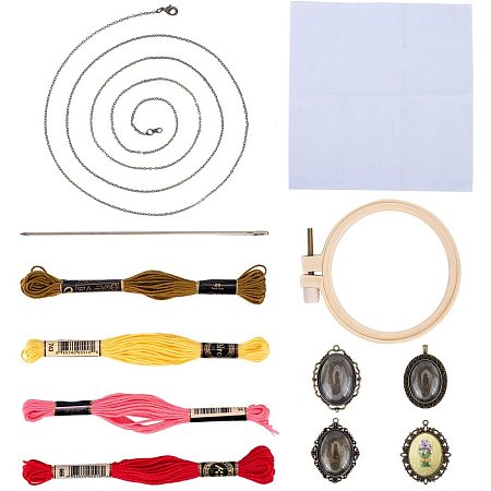 PandaHall Elite Embroidery Jewelry Kit, 4pcs Embroidery Starter Kit Set Embroidered Stitching Pendants with Embroidery Hoop, Cabochons, Chains, Threads, Needles