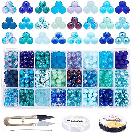 PandaHall Elite 24 Color 8mm Round Glass Beads Blue Sea Glass Loose Beads Assortment Lot with Scissors, Elastic Thread and Beading Needles for Bracelets, Necklaces, Crafts DIY Jewelry Making